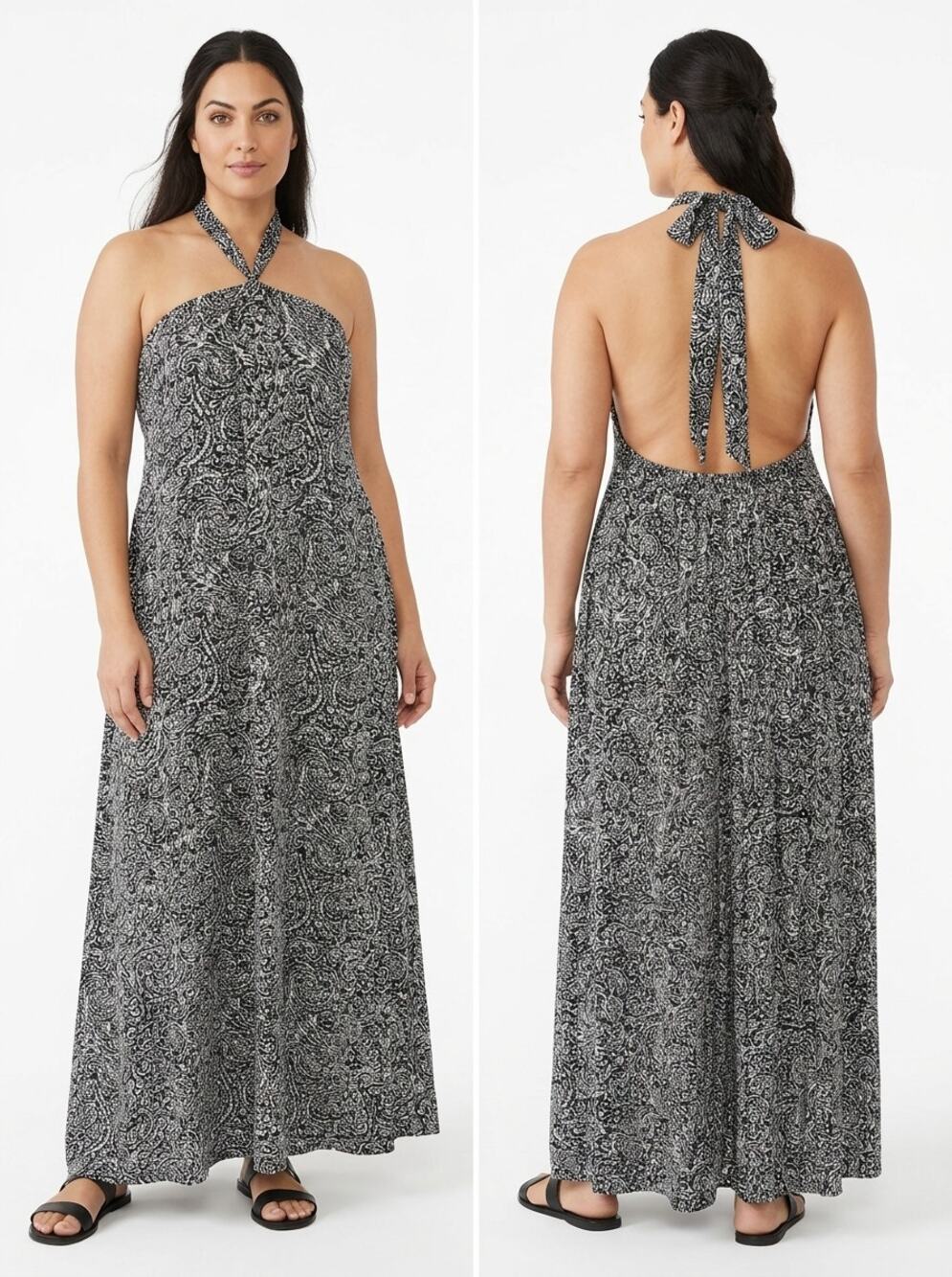 J.Jill Black White Abstract Halter Neck Lined Maxi Dress Women Plus Size 2X